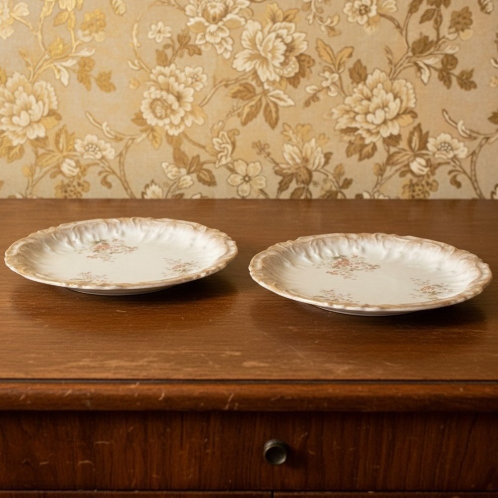 Vintage Dresden Germany Gold Gild Floral Textured Ceramic Salad Plates Set of 2